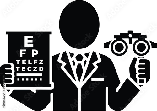 Optometrist holding eye chart and phoropter for vision test eye doctor