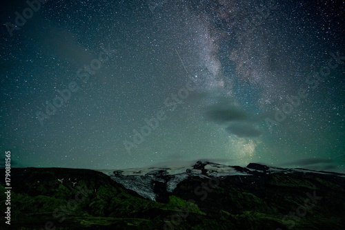 MIlky way above the lush valley of Þórsmörk (Thorsmork) in Iceland’s southern highlands — a dramatic landscape of moss-covered mountains, glacial rivers