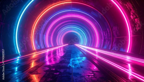 Fototapeta Naklejka Na Ścianę i Meble -  Neon-lit tunnel with circular rings, reflective floor, and vanishing point. A vibrant, futuristic ambiance