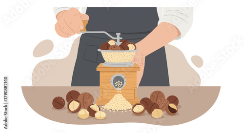 Artistic Illustration Of Nut Grinding Process For Culinary And Food Preparation Projects