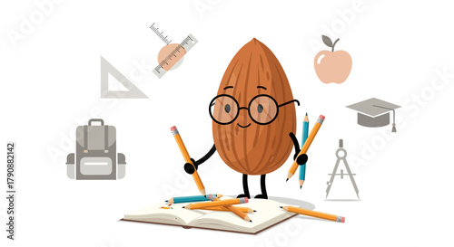 Animated Almond Studying With Stationery And Backpack Ready For School Adventure