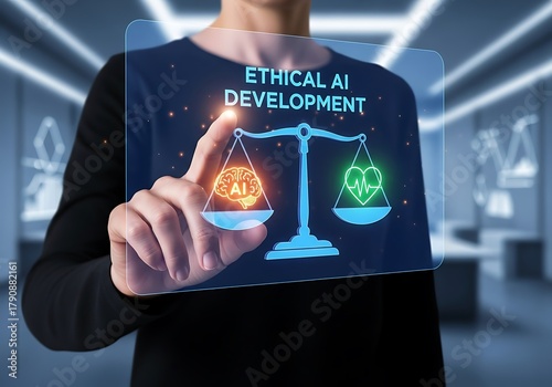 A person's hand interacts with a holographic display featuring a weighing scale balancing brain and heart, symbolizing ethical AI development in a futuristic setting.