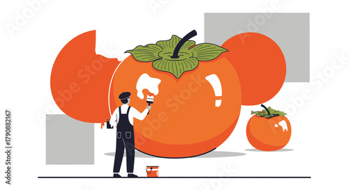 Artistic Painter Decorating Giant Persimmon Fruit with Brush and Acrylic Paint