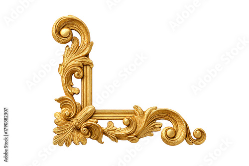 Ornate gold corner flourish with acanthus leaf accents on a transparent background, cut out