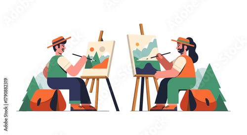 Artists Painting Landscapes Together in Nature with Vibrant Colors and Minimalist Style
