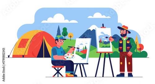 Artists Painting Landscapes During A Camping Trip With A Tent And Mountain Scenery