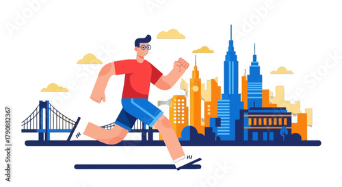 Animated Cartoon Of a Runner Jogging Through a City With a Blue and Orange Skyline