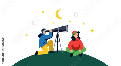 Astronomy Exploration Illustration Depicting Two Individuals Observing Celestial Bodies Through
