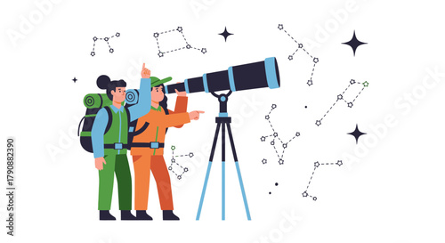 Astronomy Enthusiasts Using Telescope Looking at Stars and Constellations in The Dark