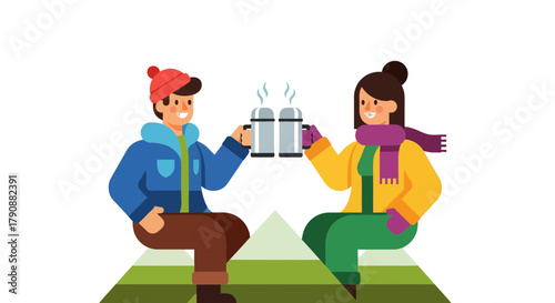 Animated Characters Toasting Hot Drinks Amidst Mountain Scenery During a Winter Getaway