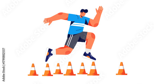 Athlete Leaping Over Cones Against Black Background Demonstrating Agility and Skill