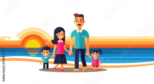 Animated Family Embracing on Beach at Sunset for Illustrative Concept Design