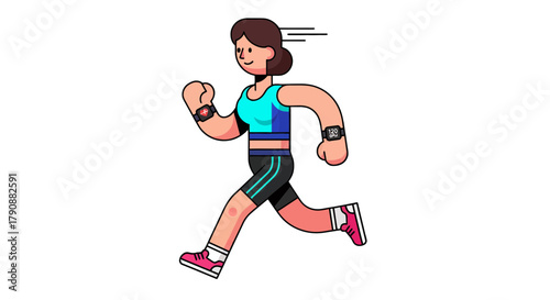 Animated Female Runner With Smartwatch, Health and Fitness Illustration.