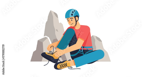Athlete Preparing For Ascent By Tying Laces Underneath Rocky Mountain Cliff Face