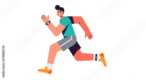 Animated Male Runner Exercising with Smartwatch in Motion Against Black Background