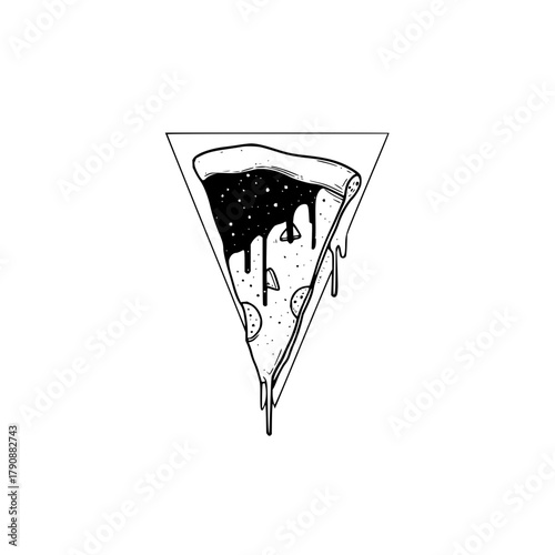 A slice of pizza with a cosmic topping inside a triangle outline on a white background illustration