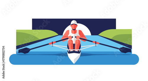 Athlete Rowing In A Boat, A Minimalistic Illustration Of Water Sport Activity