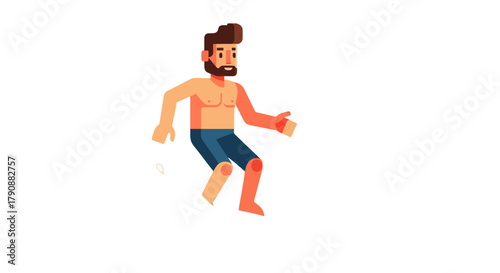 Animated Man Leaping, Summer Recreation, Swim Shorts, Cartoon Design, Athletic Action