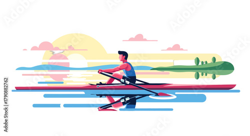 Athlete Rowing Energetically On Water During A Sunset Under A Vibrant Sky