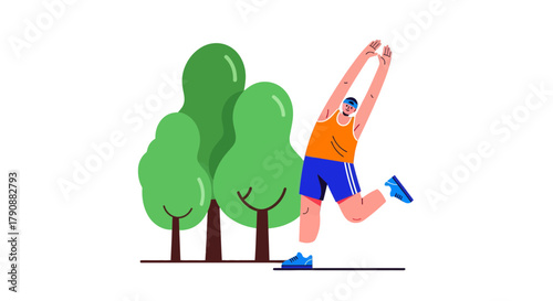Athlete Stretching Near Park Trees On A Black Backdrop Performing Pre-Workout Routine