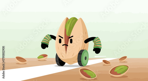 Animated Pistachio Character Racing on Wheels with Concentrated Expression