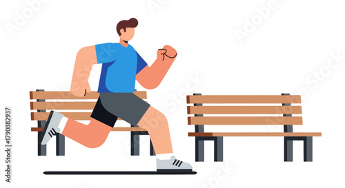 Animated Portrait Of A Runner Jogging Past Wooden Park Bench Against Dark backdrop