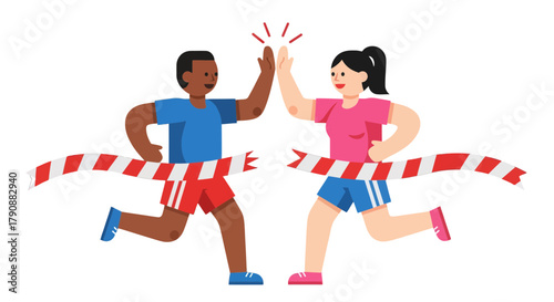 Athletes Celebrating Victory Together After Crossing The Finish Line With High Five