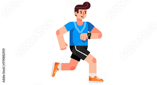 Animated Runner Checking Time on Smartwatch, Healthy Lifestyle, Training and Exercise Goals