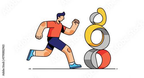 Athletic Figure Races Past Stacked Abstract Rings With Brilliant Colors And Vivid Imagery