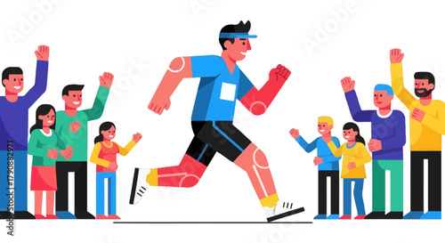 Athletic Competition: Runner's Triumph Celebrated Amidst Enthusiastic Spectators Cheers