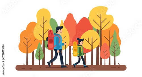 Autumn Hiking Adventure Depicted With Father And Child Amidst Vivid Foliage