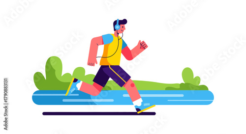Animated Runner With Headphones Listening Music During Exercising In A Beautiful Park