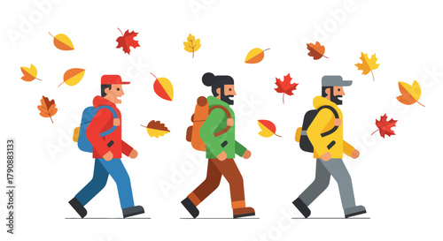 Autumn Hikers Trekking Through Scenic Landscapes With Falling Colorful Leaves