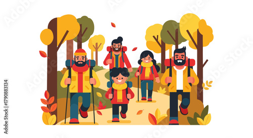 Autumn Hiking:  A Group Of Adventurers Navigating A Wooded Trail Together
