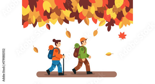 Autumn Hiking Adventure Depicted With Leaf Fall And Outdoor Exploration In Vector Illustration