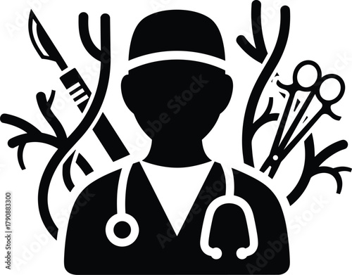 Silhouette of surgeon with medical instruments and stethoscope doctor healthcare