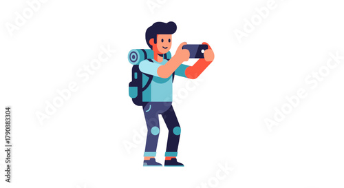 Animated Traveler Capturing Photos With Smartphone, Isolated and Minimalist Style