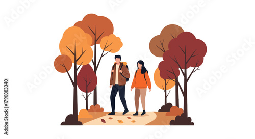 Autumn Stroll: Couple Enjoys Scenic Forest Path Surrounded by Colorful Trees
