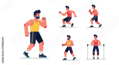 Animated Workout Routine Silhouette: Energetic Poses Of A Fit Man in Various Exercises