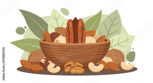 Aromatic Assortment Of Nuts Displayed In A Decorative Wooden Bowl With Leafs