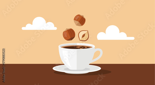 Aromatic Hazelnut Infusion Coffee Cup, Clouds And Delightful Nut Flavors Decor