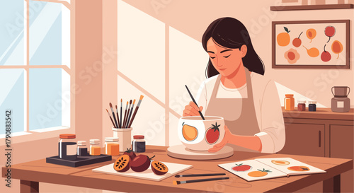 Artisan Creating Ceramic With Hand Painted Fruit Designs In A Bright Studio Scene