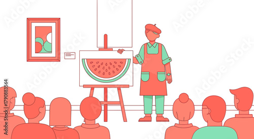 Artist Demonstrating Watermelon Artwork to an Audience at an Art Gallery Presentation
