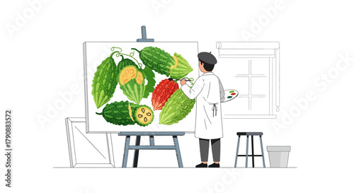 Artist Crafting Bitter Melon Artwork Depicting Fresh, Bright, and Vibrant Produce