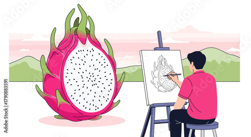 Artist Drawing A Dragon Fruit Illustration Beside The Fresh Original Fruit