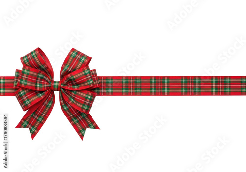 Red and green tartan plaid ribbon bow isolated on transparent background