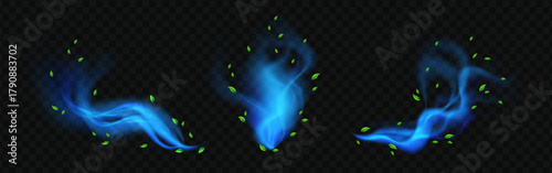 Cool blue breeze with mint green leaves swirling in gentle refreshing flow.