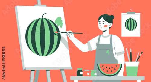 Artist Paints Watermelon on Canvas Celebrating Summer's Refreshing and Sweetness
