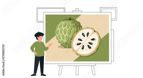 Artist Presenting Delicious Custard Apple Illustration On Display Stand For Viewers