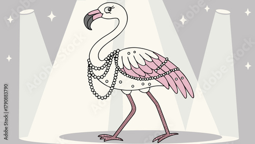 2D Flamingo Model Wearing Sparkling Dress on Stage Vector